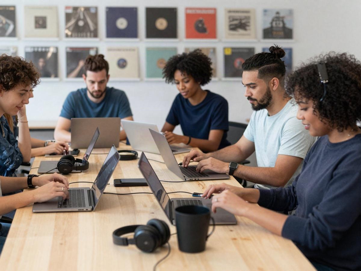A label team working together at a shared table