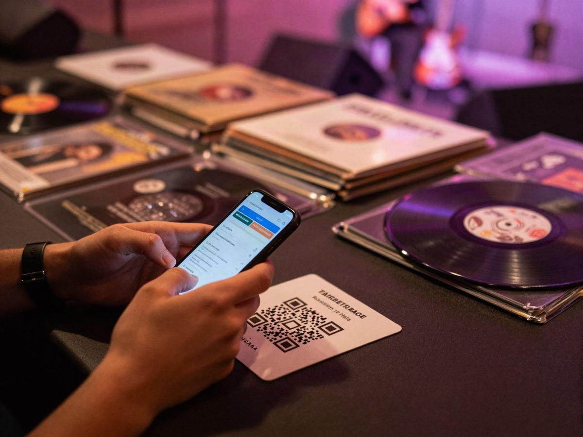 A fan scanning a QR card at a merch table after a show