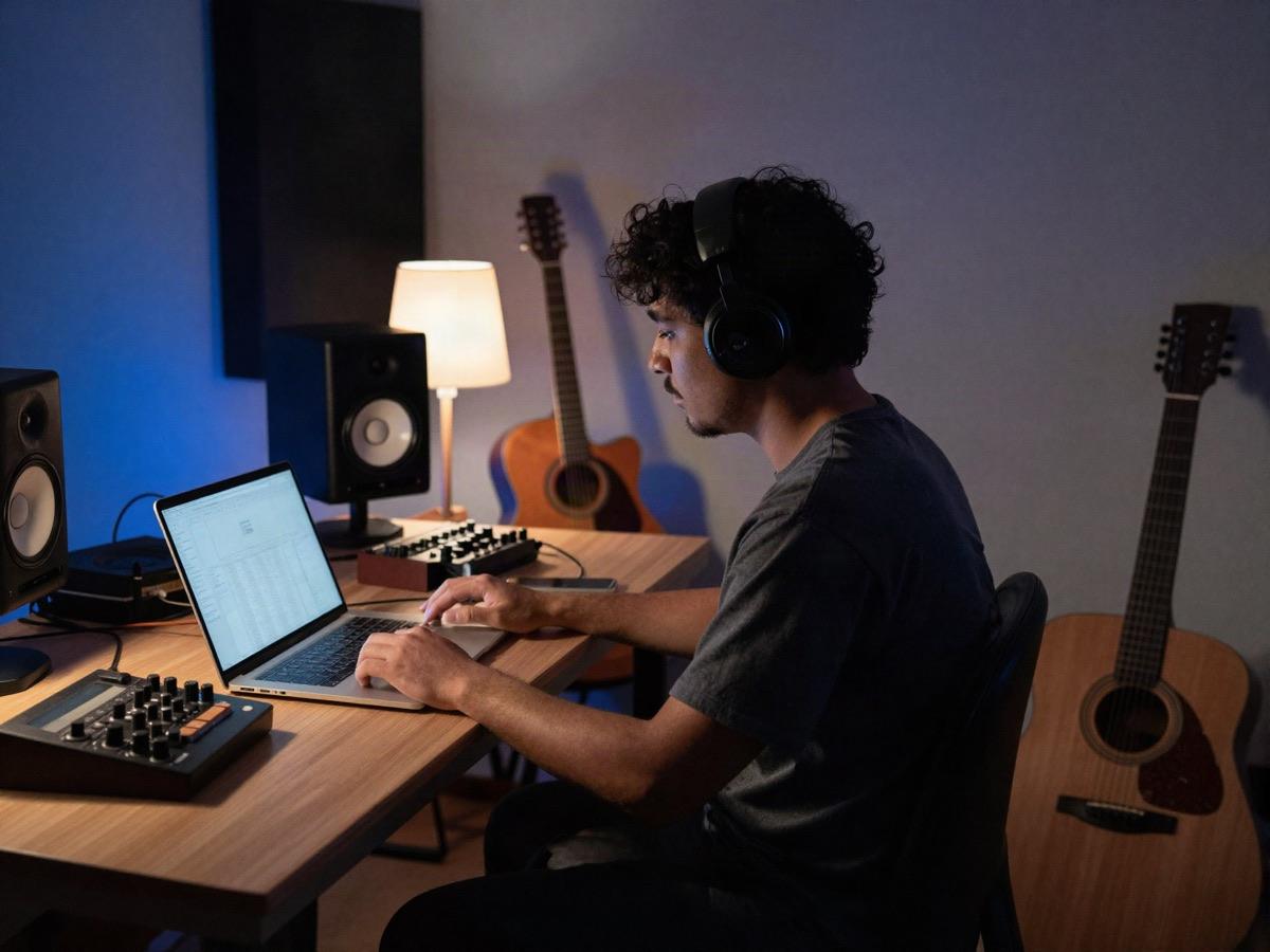 A musician working on a release in a home studio
